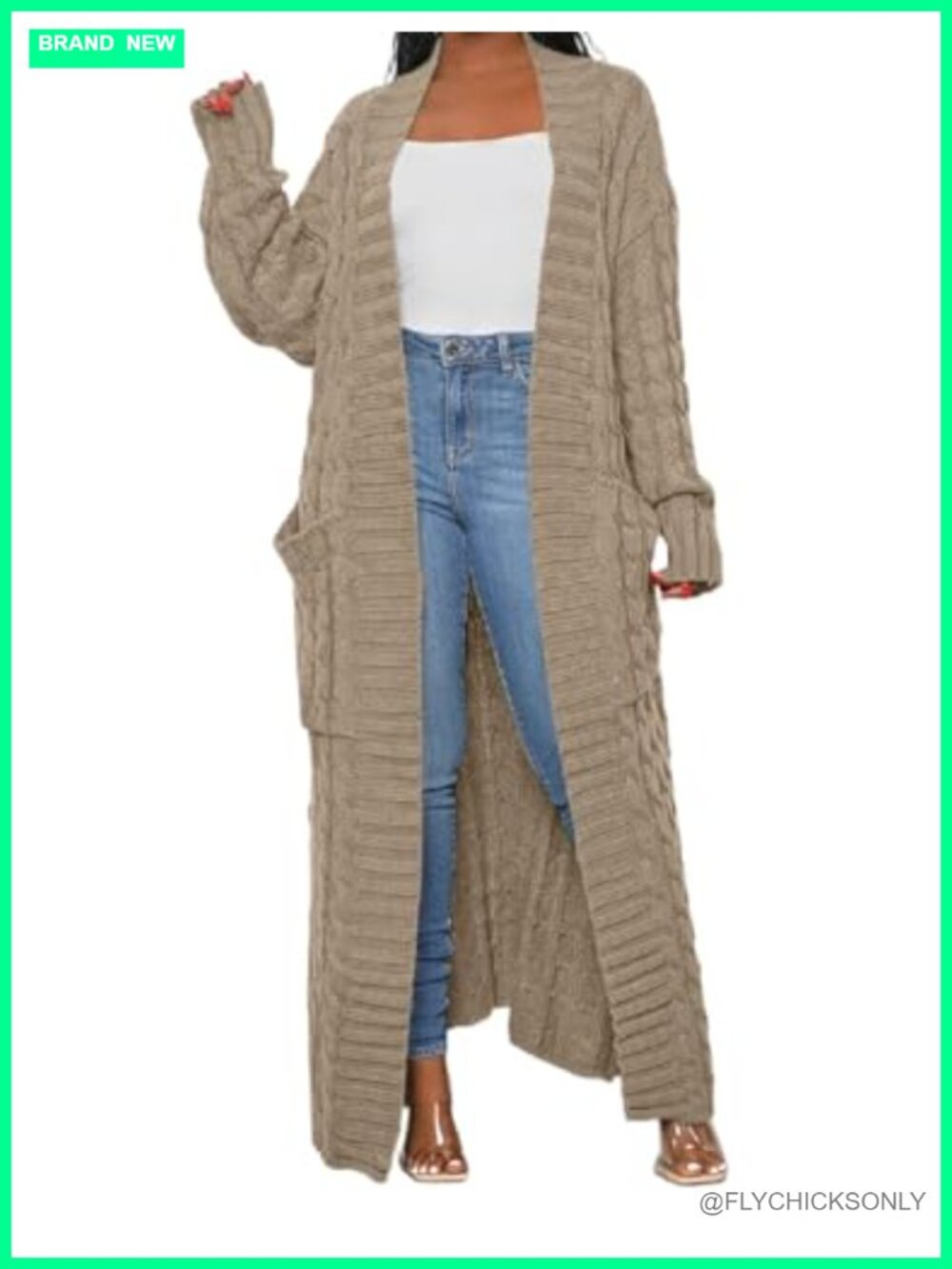 Cable Knit Chunky Cardigan Sweater Coat Open Front Dual Pockets Long Maxi